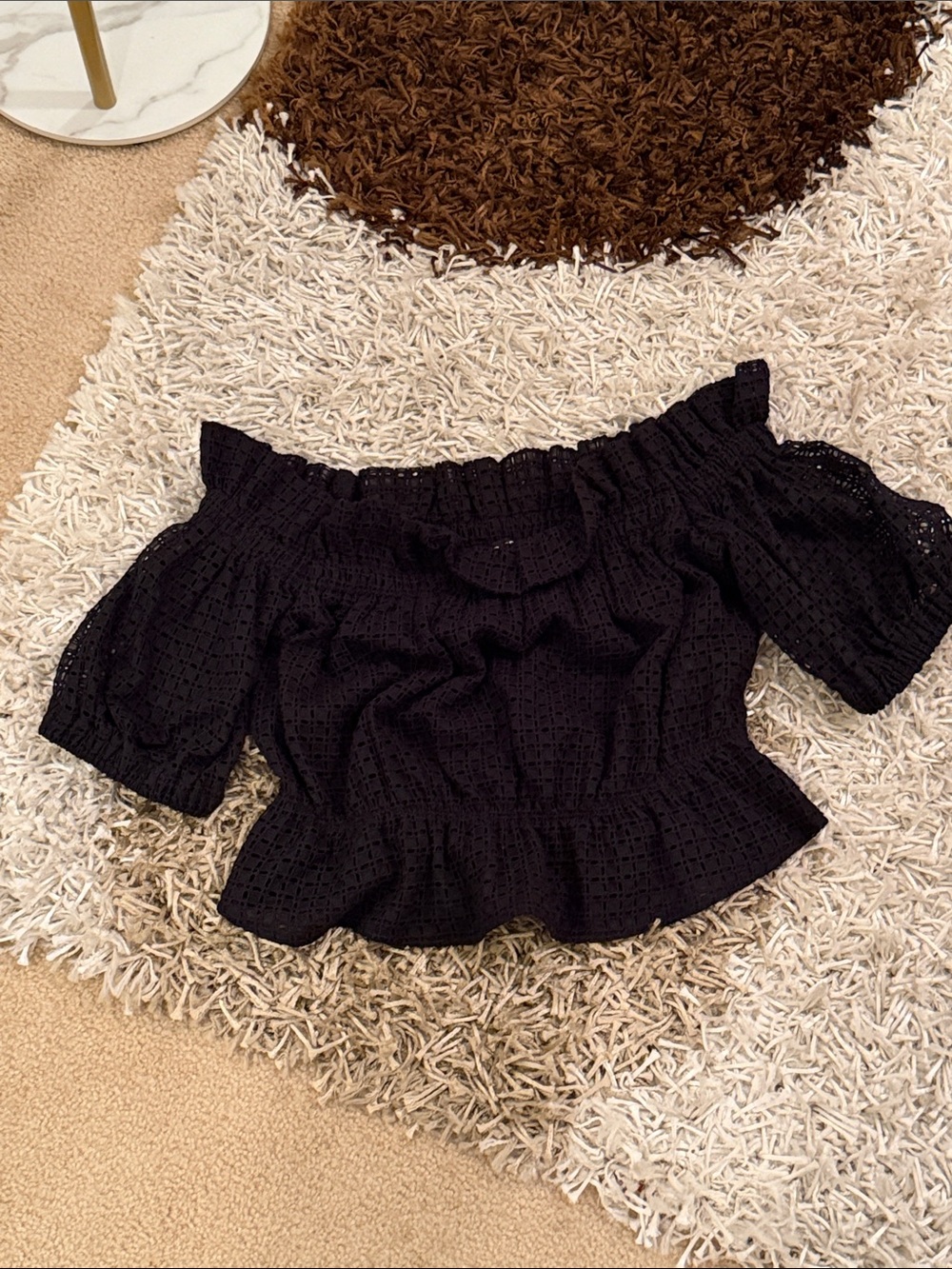 Express Black Eyelet Ruffle Off-Shoulder Crochet Style Blouse l M l NWT